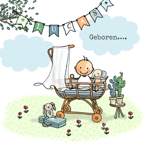Schattig geboortekaartje van jongen in een wiegje