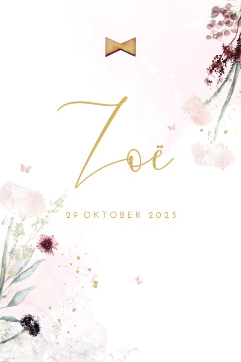 Stijlvol geboortekaartje meisje met aquarel bloemen en houten strikje