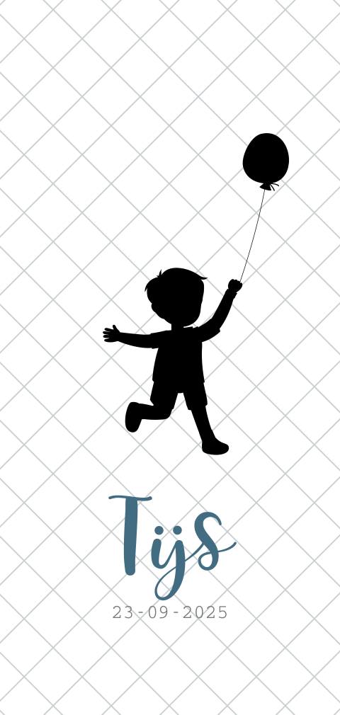 Hip geboortekaartje met silhouet van vrolijk jongetje met ballon