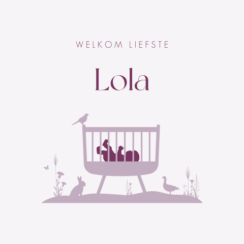 Lila geboortekaartje met silhouetje van baby in wieg