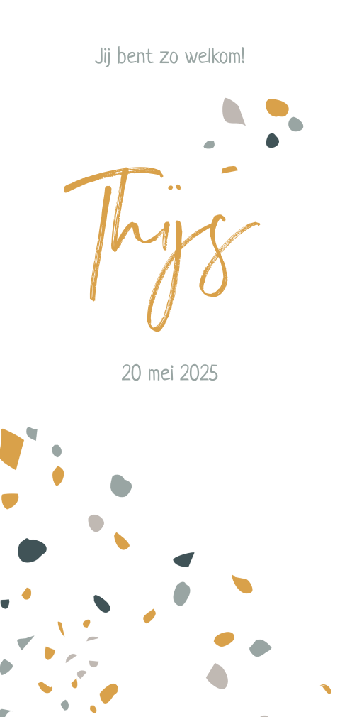 Trendy geboortekaartje voor een jongen met okergele terrazzo motief