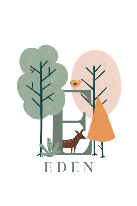 Lief unisex geboortekaartje met bomen, hertje en intiaal