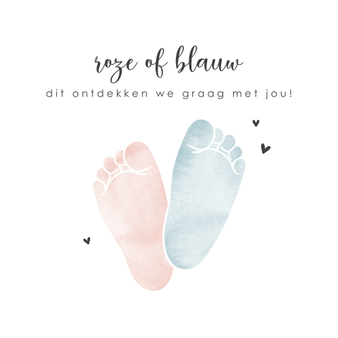Gender reveal uitnodiging met roze en blauwe voetjes
