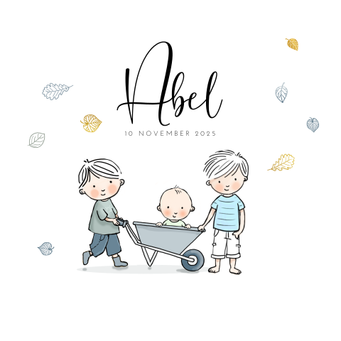Herfst geboortekaartje met tekening van drie broertjes en kruiwagen