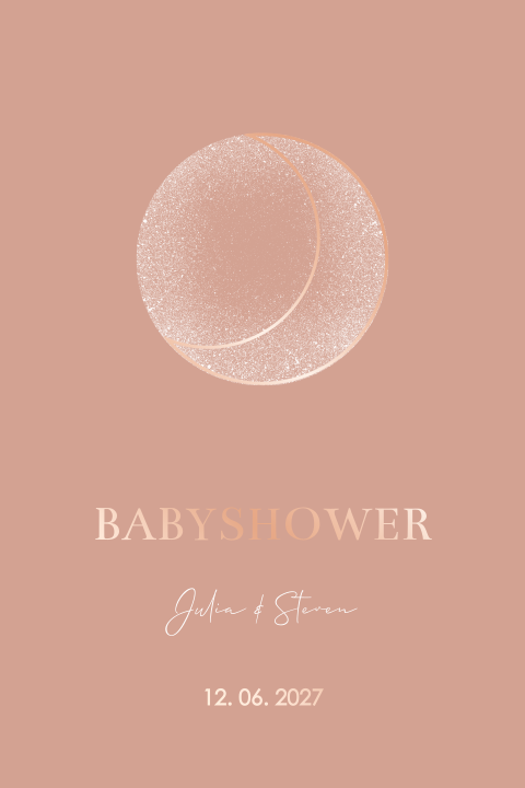 Babyshower uitnodiging roze met maan en roségoudfolie