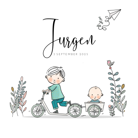 Stoer babykaartje jongen met tekening van kindjes op de step