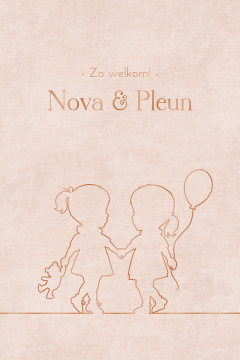 Lief oudroze geboortekaartje met hoogglans lijntekening van tweeling