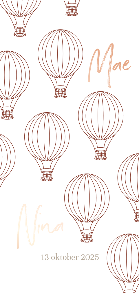 Hip roségoudfolie geboortekaartje voor tweeling met luchtballon