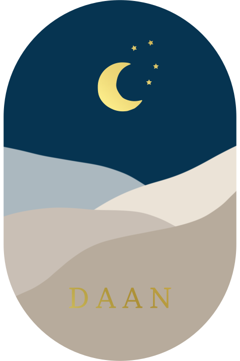 Ovaal geboortekaartje blauw met berglandschap en maantje