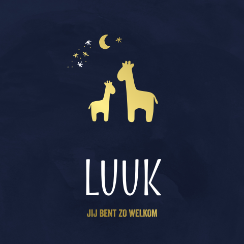 Trendy goudfolie geboortekaartje voor jongetje met girafjes