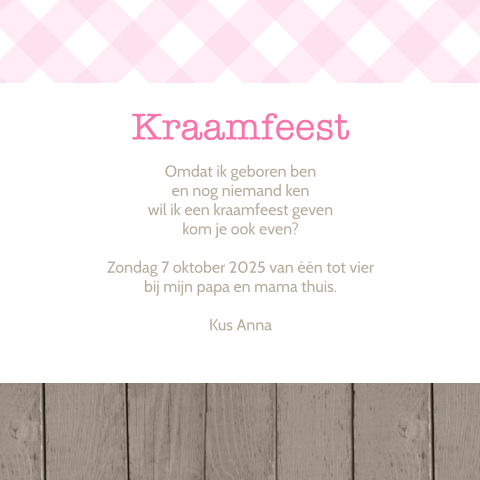 Stijlvolle uitnodiging voor kraamfeest met hout en ruit