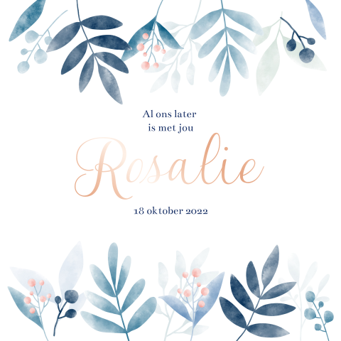 Trendy roségoudfolie babykaartje met aquarel bloemen