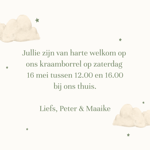 Kraamborrel uitnodiging met wolkjes en sterren