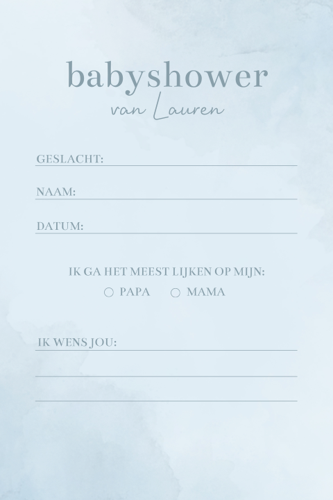 Babyshower invulkaart met blauwe watercolour
