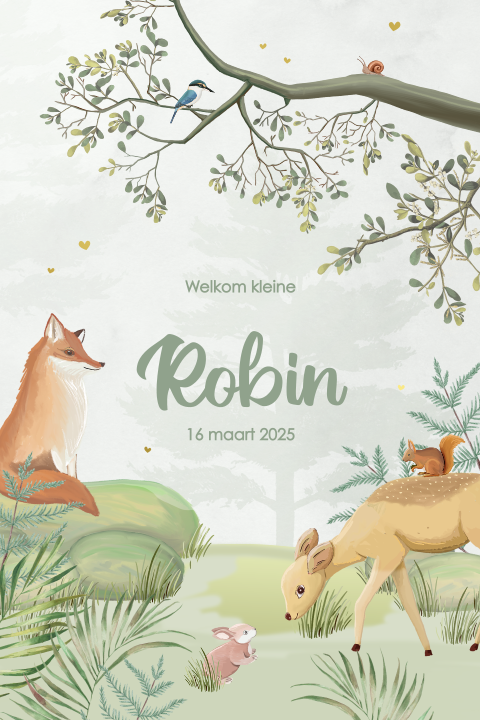 Unisex geboortekaartje met bosdieren, goudfolie en ronde hoeken