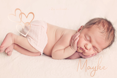 Roségoudfolie babykaartje met foto en hartjes