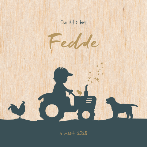 Hip echt houten geboortekaartje jongen met tractor silhouet