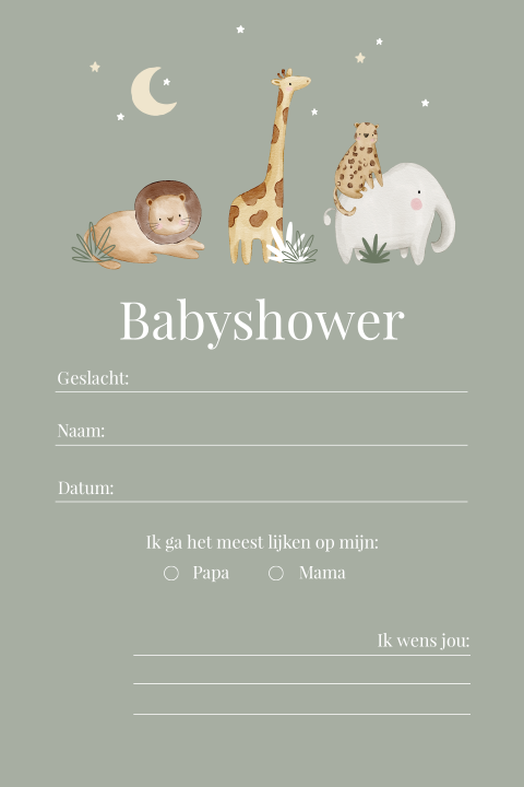 Babyshower invulkaart groen met jungeldieren