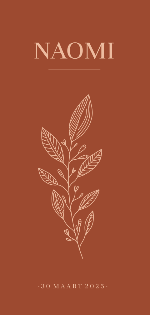 Hip geboortekaartje voor meisje met bladertakje op terracotta