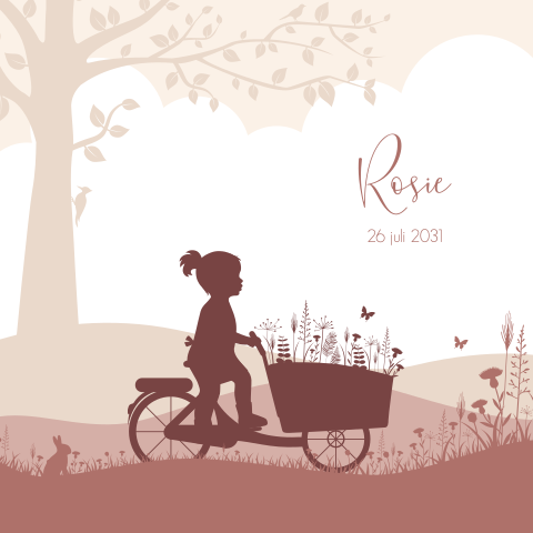 Vrolijk geboortekaartje met silhouet van meisje op bakfiets