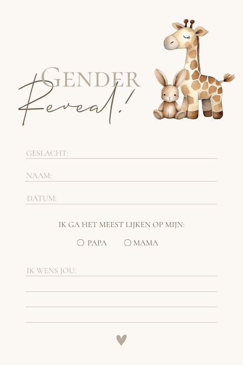 Gender reveal invulkaart beige met dieren