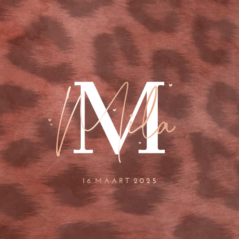 Trendy roségoudfolie babykaartje met velvet-look luipaard print