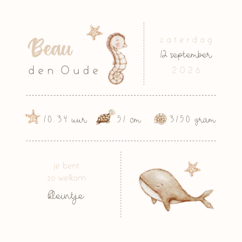 Unisex geboortekaartje met watercolour zeedieren en geboortegegevens
