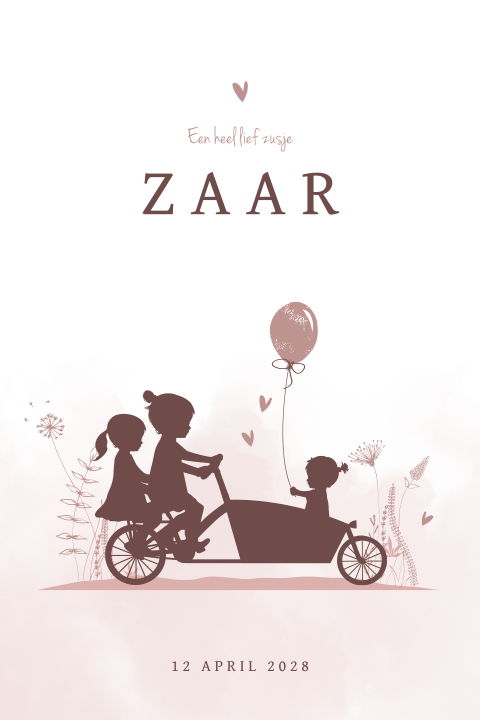 Lief geboortekaartje zusje met silhouetjes en roze watercolour