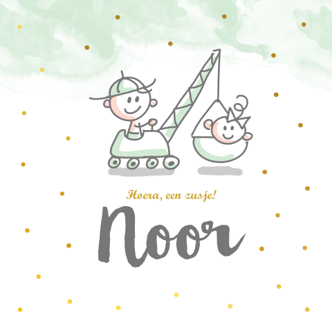 Lief geboortekaartje met hijskraan en watercolour