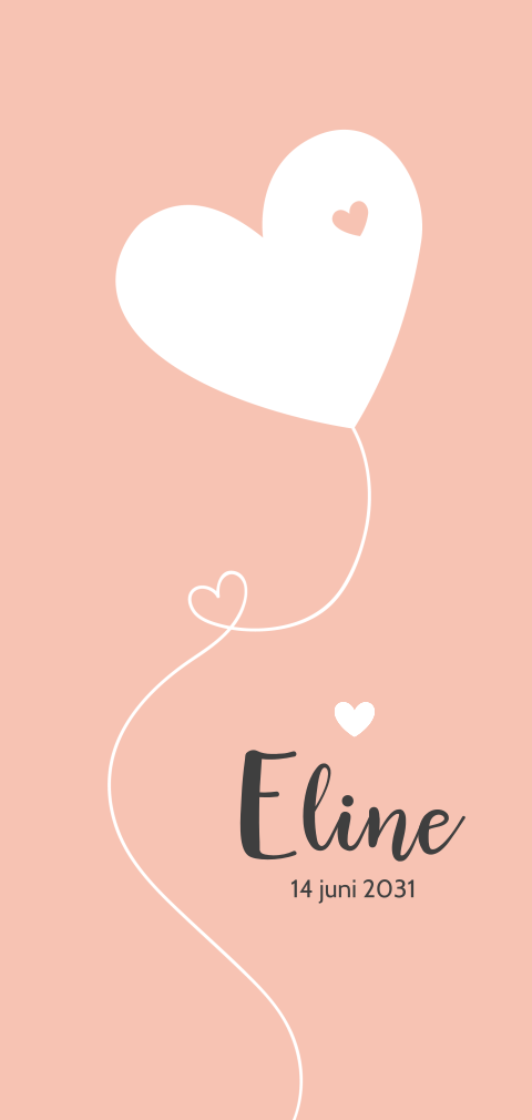 Lief geboortekaartje voor een meisje met hartjes ballon op peach