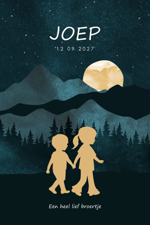 Lief geboortekaartje met silhouetjes, landschap, maan en sterrenhemel
