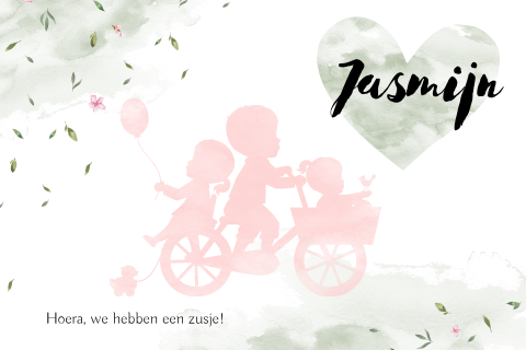 Lief geboortekaartje met silhouet van broer, zus en zusje op de fiets