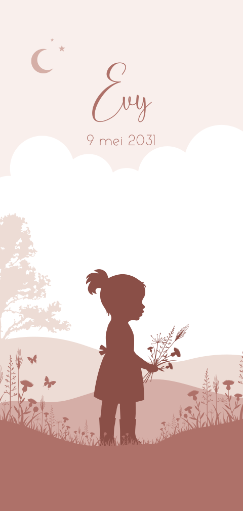 Lief geboortekaartje met silhouet van meisje in landschap met bloemen