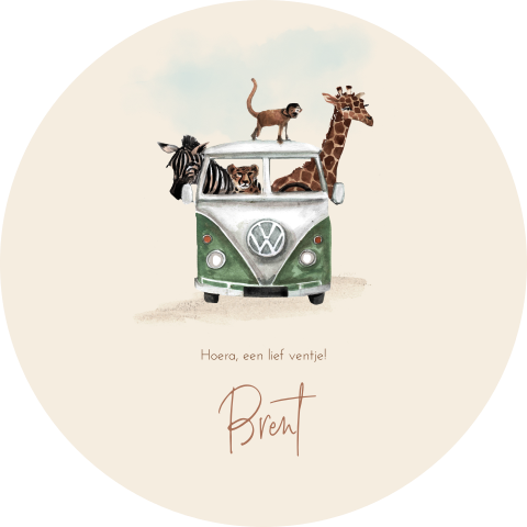 Tuinbord rond beige met busje vol jungledieren