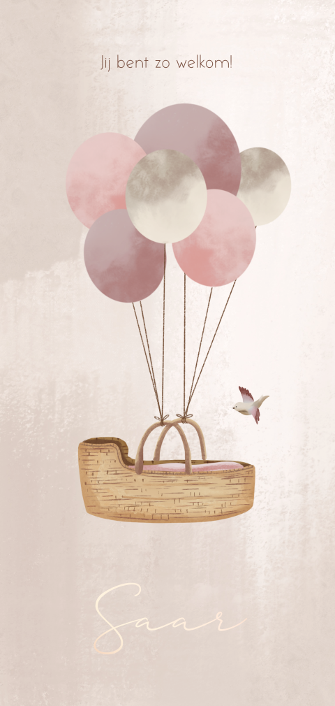 Romantisch roségoudfolie geboortekaartje mandje en ballonnen