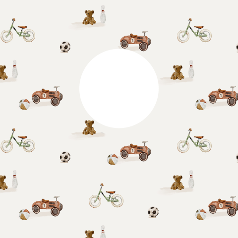 Geboortekaartje met doorkijkje en patroon van speelgoed