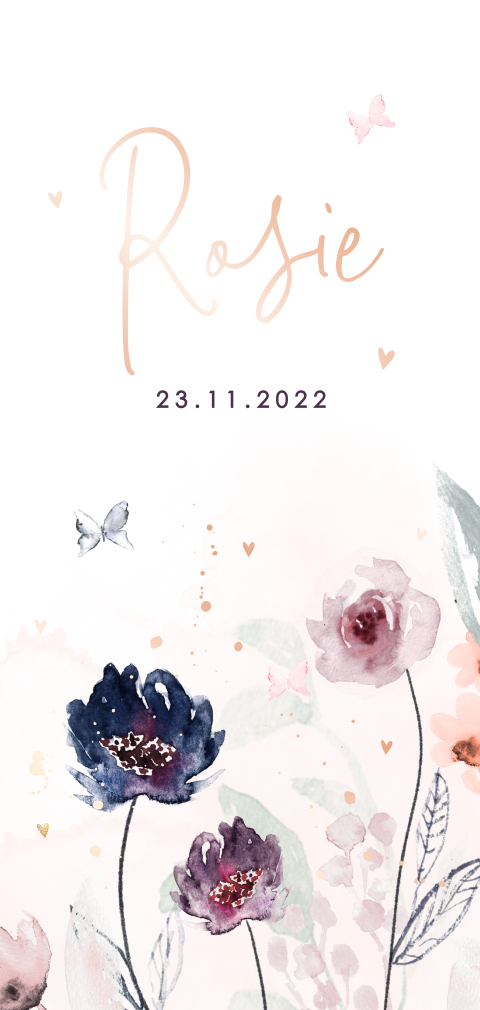 Roségoudfolie geboortekaartje met bloemetjes en vlindertjes in aquarel