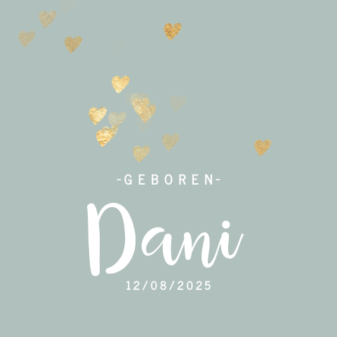 Hip geboortekaartje mintgroen met goudlook hartjes