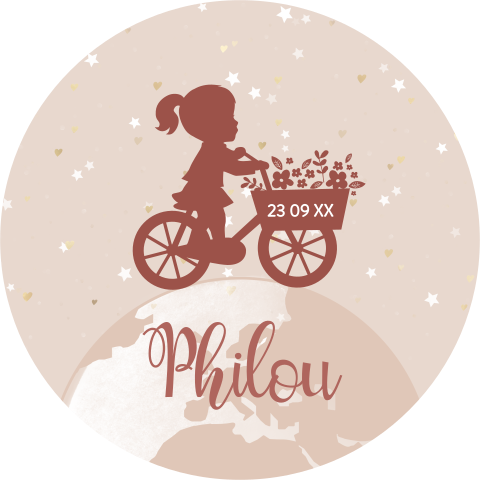 Rond geboortekaartje met silhouet van meisje op fiets