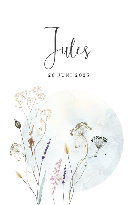 Natuurlijk babykaartje met droogbloemen in waterverf