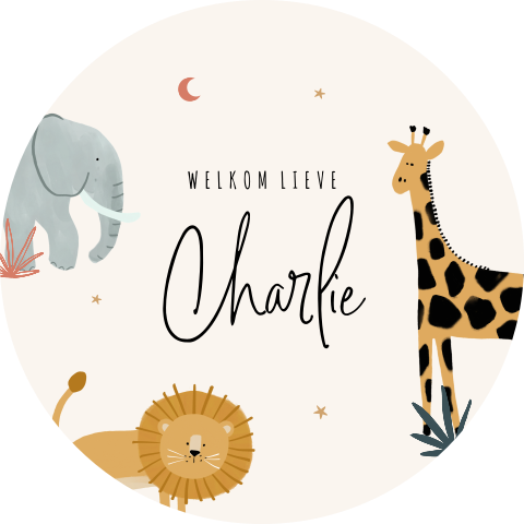 Tuinbord met illustraties van jungledieren, maantje en sterretjes