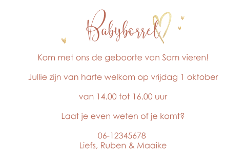 Uitnodiging kraamfeest met velvet roodbruine achterkant