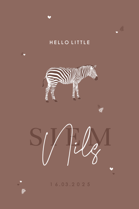 Lief babykaartje met zebra, hartjes en blaadjes voor een jongen