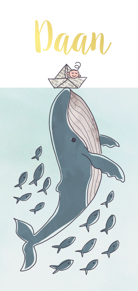 Langwerpig geboortekaartje met walvis en jongetje in bootje van papier