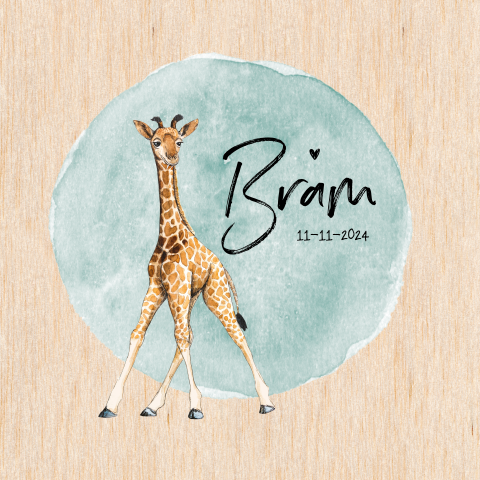 Houten geboortekaartje jongen met baby girafje waterverf en goud look