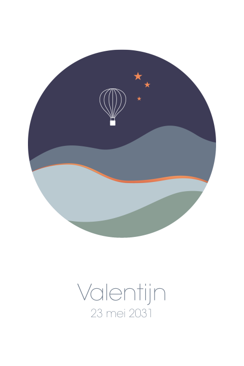 Mooi geboortekaartje met landschap en luchtballon voor een jongen