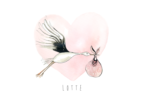 Lief geboortekaartje voor meisje met watercolor ooievaar en hartje