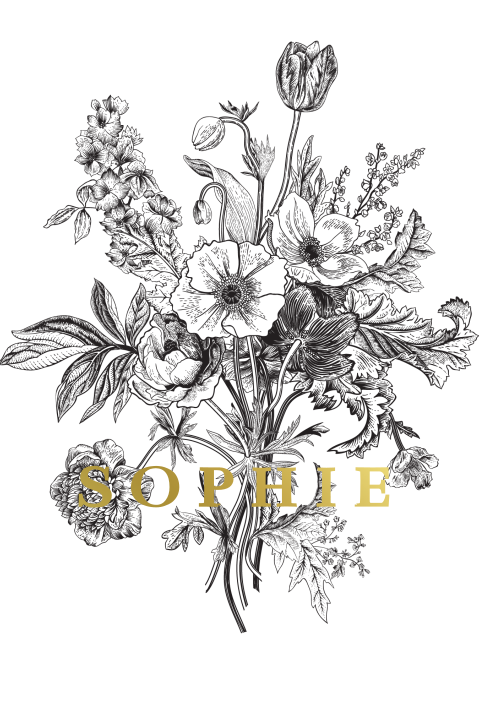 Stijlvol goudfolie geboortekaartje voor meisje met tekening bloemen