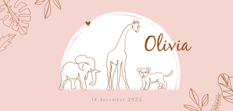 Lieve geboortekaart voor dochter met dieren met bladeren