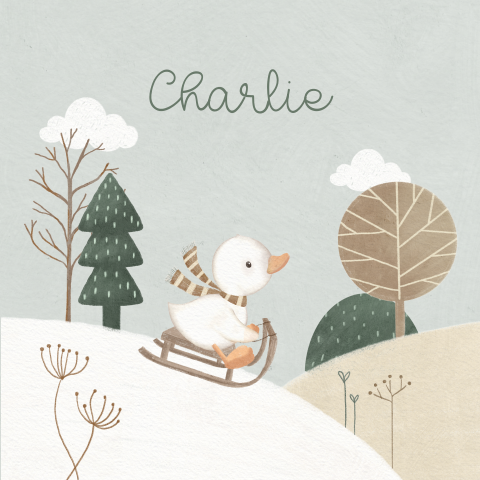 Lief geboortekaartje met eendje op slee in winters landschap